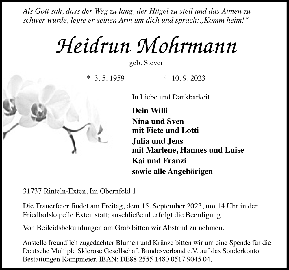  Traueranzeige für Heidrun Mohrmann vom 13.09.2023 aus Schaumburger Nachrichten