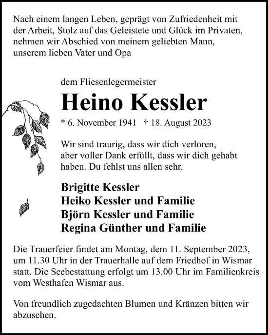 Traueranzeige von Heino Kessler von Ostsee-Zeitung GmbH