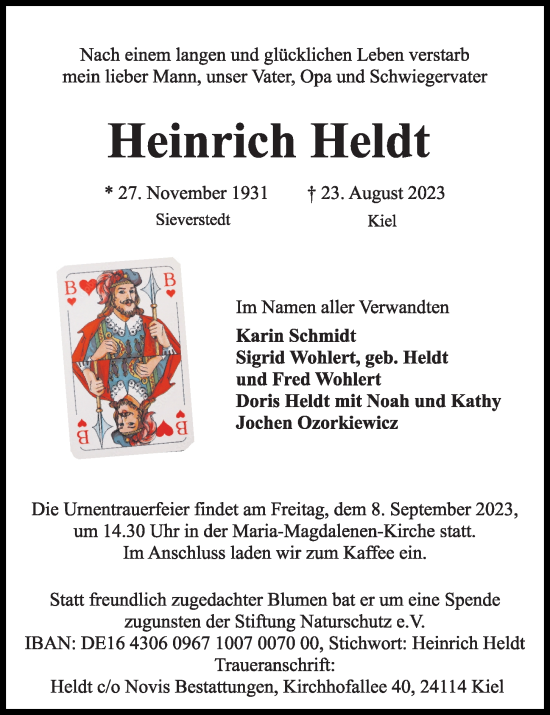 Traueranzeige von Heinrich Heldt von Kieler Nachrichten