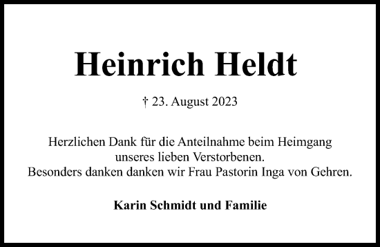 Traueranzeige von Heinrich Heldt von Kieler Nachrichten