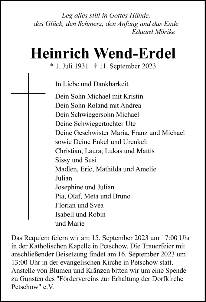  Traueranzeige für Heinrich Wend-Erdel vom 15.09.2023 aus Ostsee-Zeitung GmbH