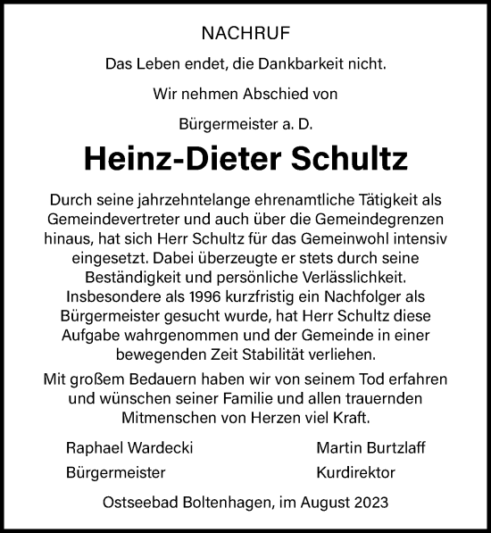 Traueranzeige von Heinz-Dieter Schultz von Ostsee-Zeitung GmbH