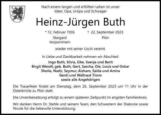 Traueranzeige von Heinz-Jürgen Buth von Kieler Nachrichten