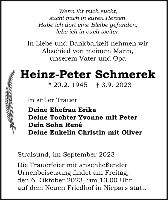 Traueranzeige von Heinz-Peter Schmerek von Ostsee-Zeitung GmbH