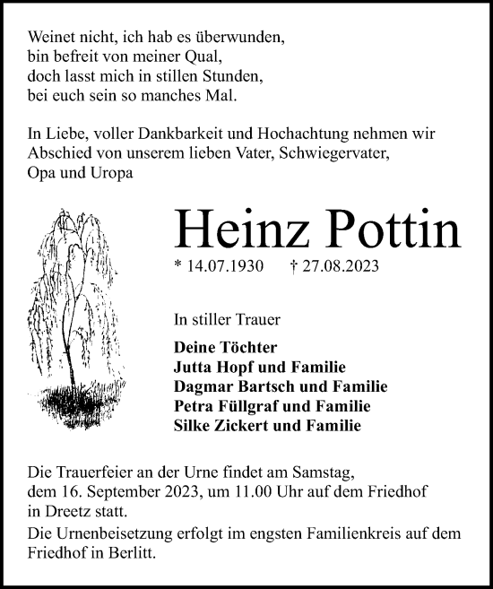 Traueranzeige von Heinz Pottin