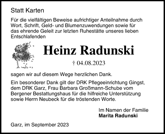 Traueranzeige von Heinz Radunski von Ostsee-Zeitung GmbH