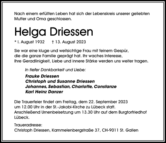 Traueranzeige von Helga Driessen von Lübecker Nachrichten