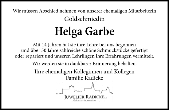 Traueranzeige von Helga Garbe von Ostsee-Zeitung GmbH