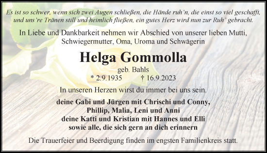 Traueranzeige von Helga Gommolla von Ostsee-Zeitung GmbH