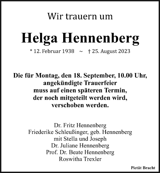 Traueranzeige von Helga Hennenberg von Leipziger Volkszeitung