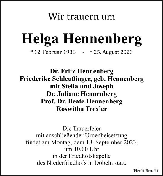 Traueranzeige von Helga Hennenberg von Leipziger Volkszeitung
