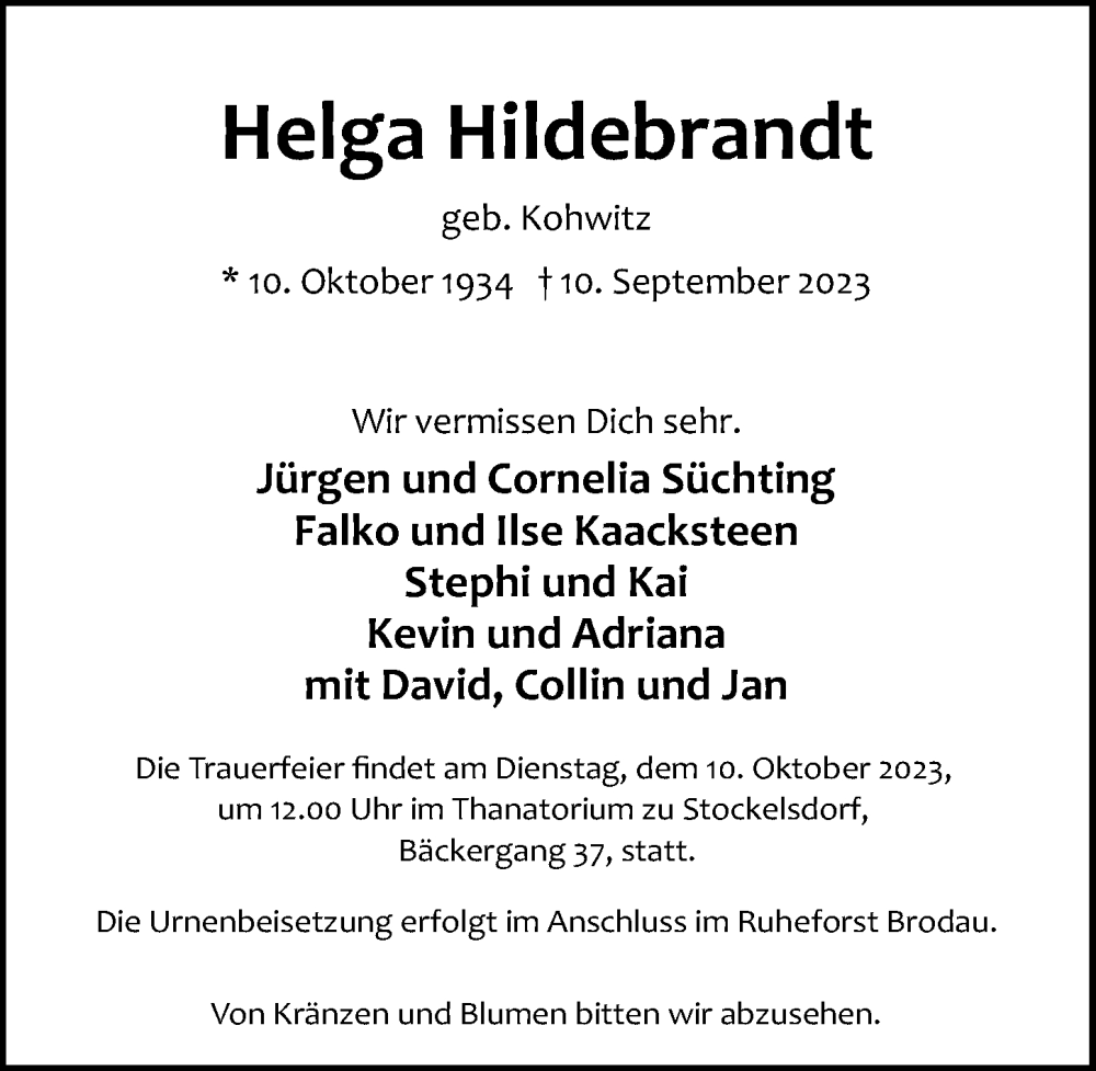  Traueranzeige für Helga Hildebrandt vom 17.09.2023 aus Lübecker Nachrichten