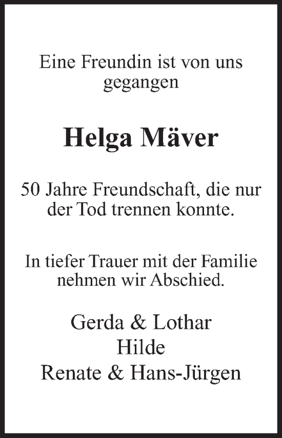 Traueranzeige von Helga Mäver von Kieler Nachrichten