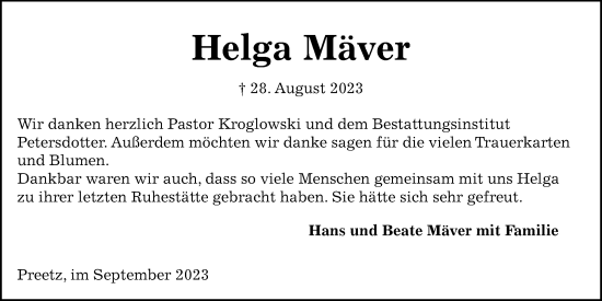 Traueranzeige von Helga Mäver von Kieler Nachrichten