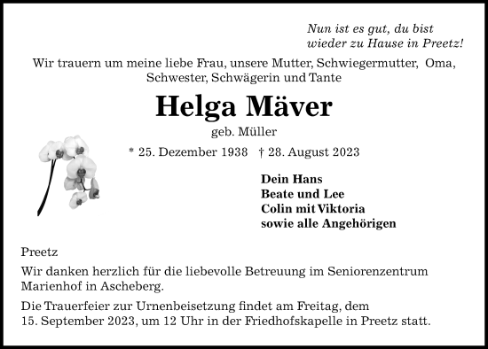 Traueranzeige von Helga Mäver von Kieler Nachrichten