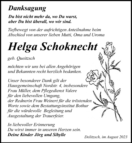 Traueranzeige von Helga Schoknecht von Leipziger Volkszeitung