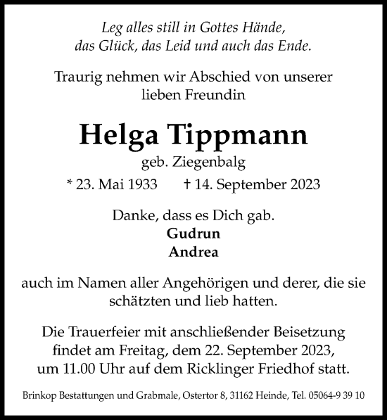 Traueranzeige von Helga Tippmann von Hannoversche Allgemeine Zeitung/Neue Presse