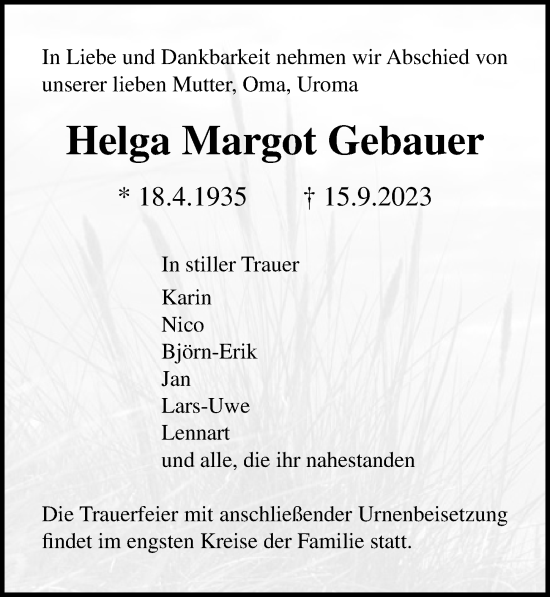 Traueranzeige von Helga Margot Gebauer von Ostsee-Zeitung GmbH