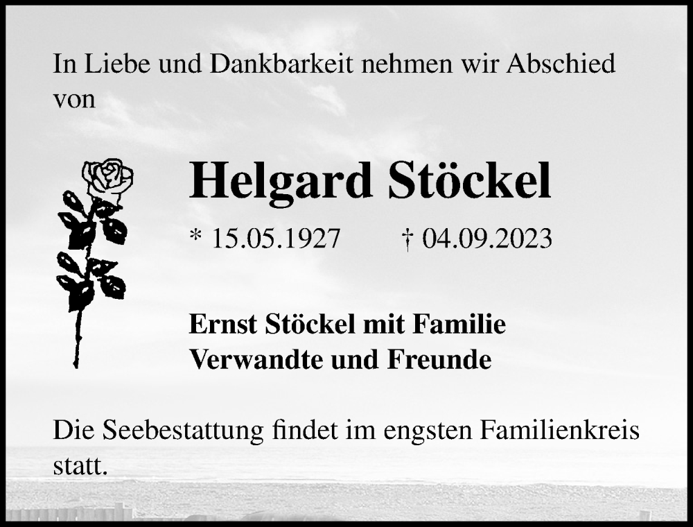  Traueranzeige für Helgard Stöckel vom 09.09.2023 aus Ostsee-Zeitung GmbH