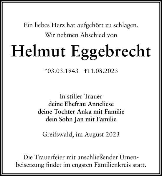 Traueranzeige von Helmut Eggebrecht von Ostsee-Zeitung GmbH