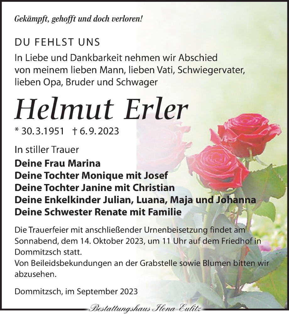  Traueranzeige für Helmut Erler vom 16.09.2023 aus Torgauer Zeitung