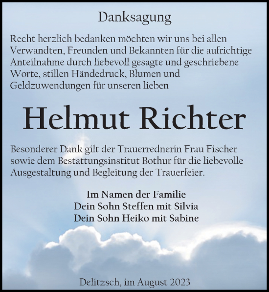 Traueranzeige von Helmut Richter von Leipziger Volkszeitung