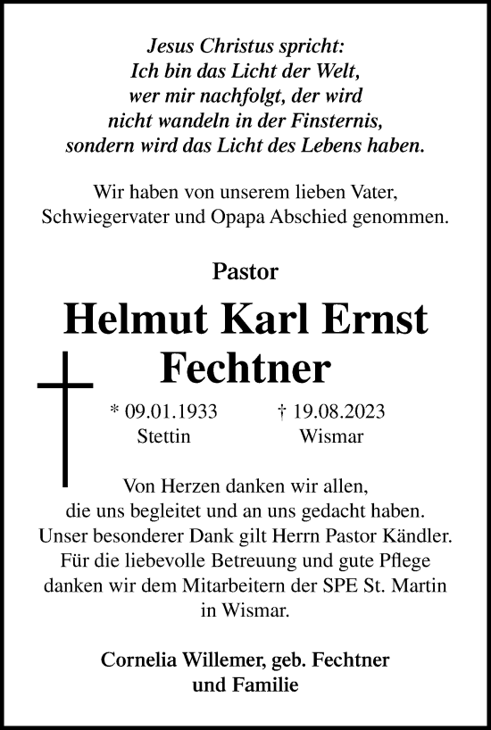 Traueranzeige von Helmut Karl Ernst Fechtner von Ostsee-Zeitung GmbH