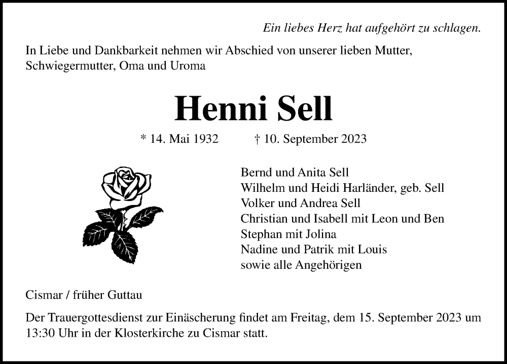  Traueranzeige für Henni Sell vom 13.09.2023 aus Lübecker Nachrichten
