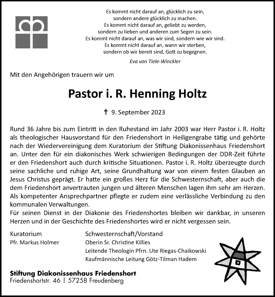  Traueranzeige für Henning Holtz vom 13.09.2023 aus Märkischen Allgemeine Zeitung