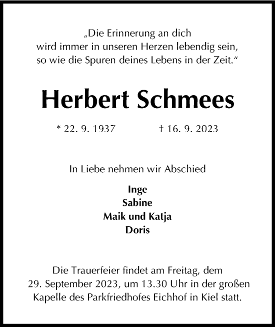 Traueranzeige von Herbert Schmees von Kieler Nachrichten