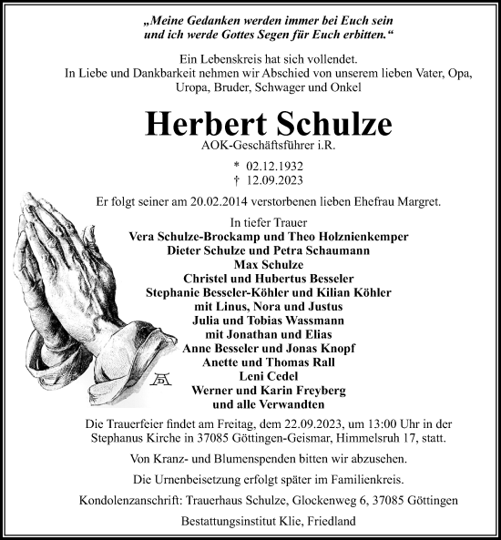 Traueranzeige von Herbert Schulze von Göttinger Tageblatt