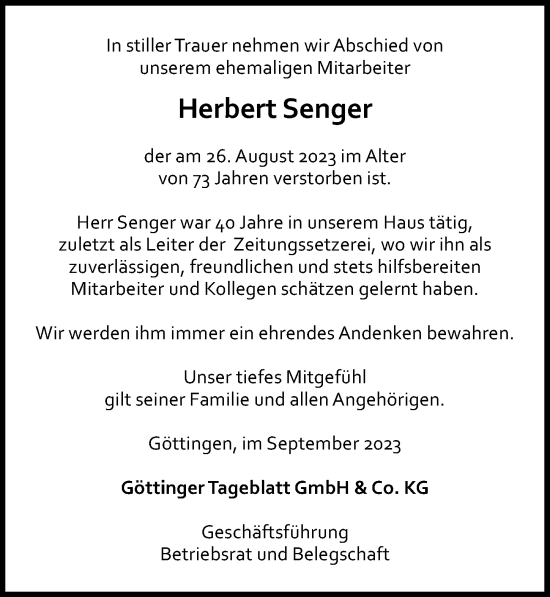 Traueranzeige von Herbert Senger von Göttinger Tageblatt