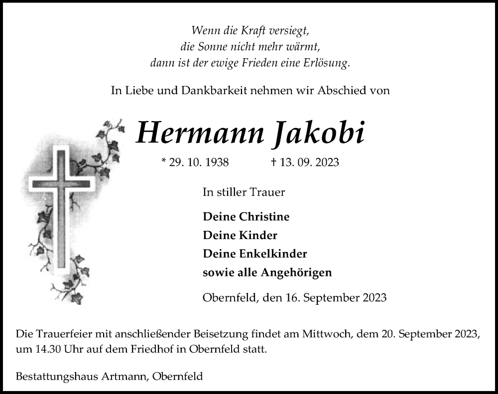  Traueranzeige für Hermann Jakobi vom 16.09.2023 aus Eichsfelder Tageblatt