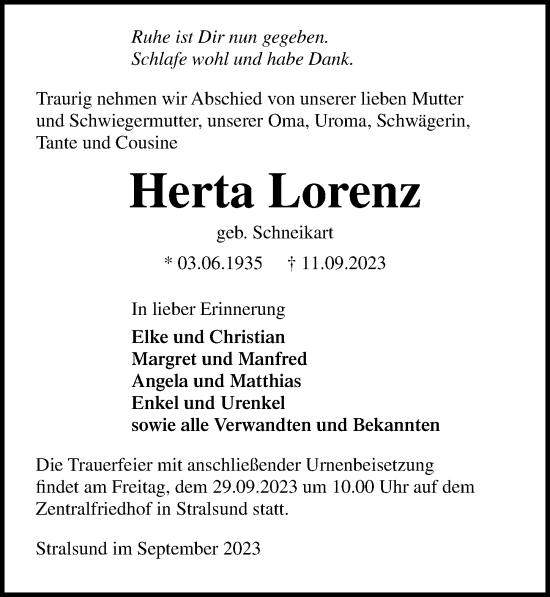 Traueranzeige von Herta Lorenz von Ostsee-Zeitung GmbH