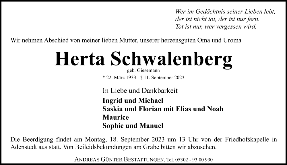  Traueranzeige für Herta Schwalenberg vom 13.09.2023 aus Peiner Allgemeine Zeitung