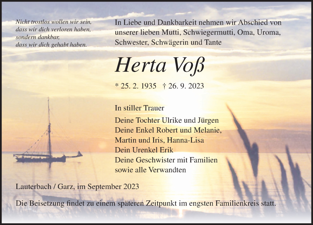  Traueranzeige für Herta Voß vom 30.09.2023 aus Ostsee-Zeitung GmbH