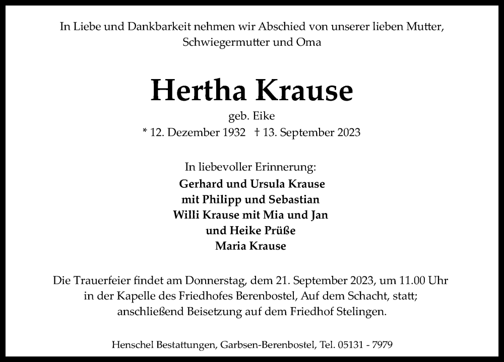  Traueranzeige für Hertha Krause vom 16.09.2023 aus Hannoversche Allgemeine Zeitung/Neue Presse