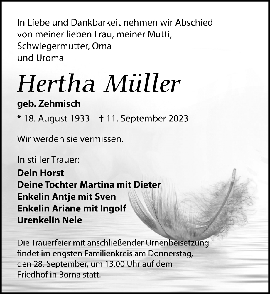  Traueranzeige für Hertha Müller vom 16.09.2023 aus Leipziger Volkszeitung