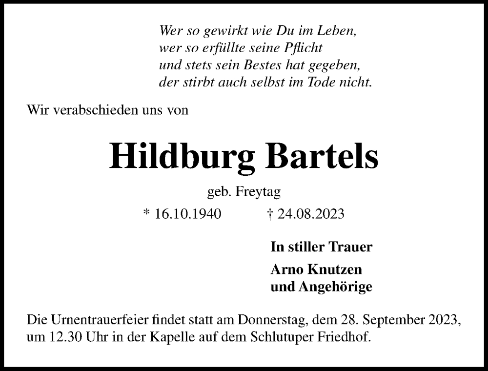  Traueranzeige für Hildburg Bartels vom 24.09.2023 aus Lübecker Nachrichten