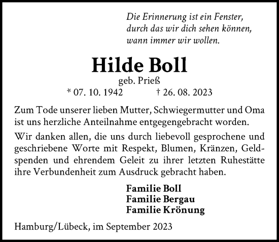 Traueranzeige von Hilde Boll von Lübecker Nachrichten