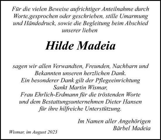 Traueranzeige von Hilde Madeia von Ostsee-Zeitung GmbH