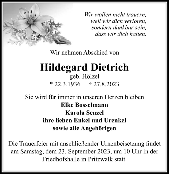 Traueranzeige von Hildegard Dietrich von Wochenspiegel