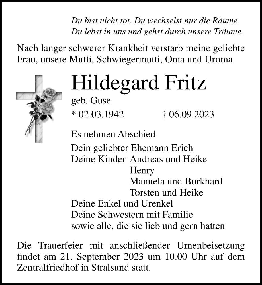  Traueranzeige für Hildegard Fritz vom 09.09.2023 aus Ostsee-Zeitung GmbH