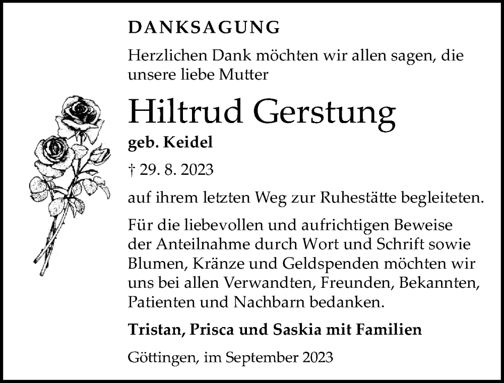  Traueranzeige für Hiltrud Gerstung vom 23.09.2023 aus Göttinger Tageblatt