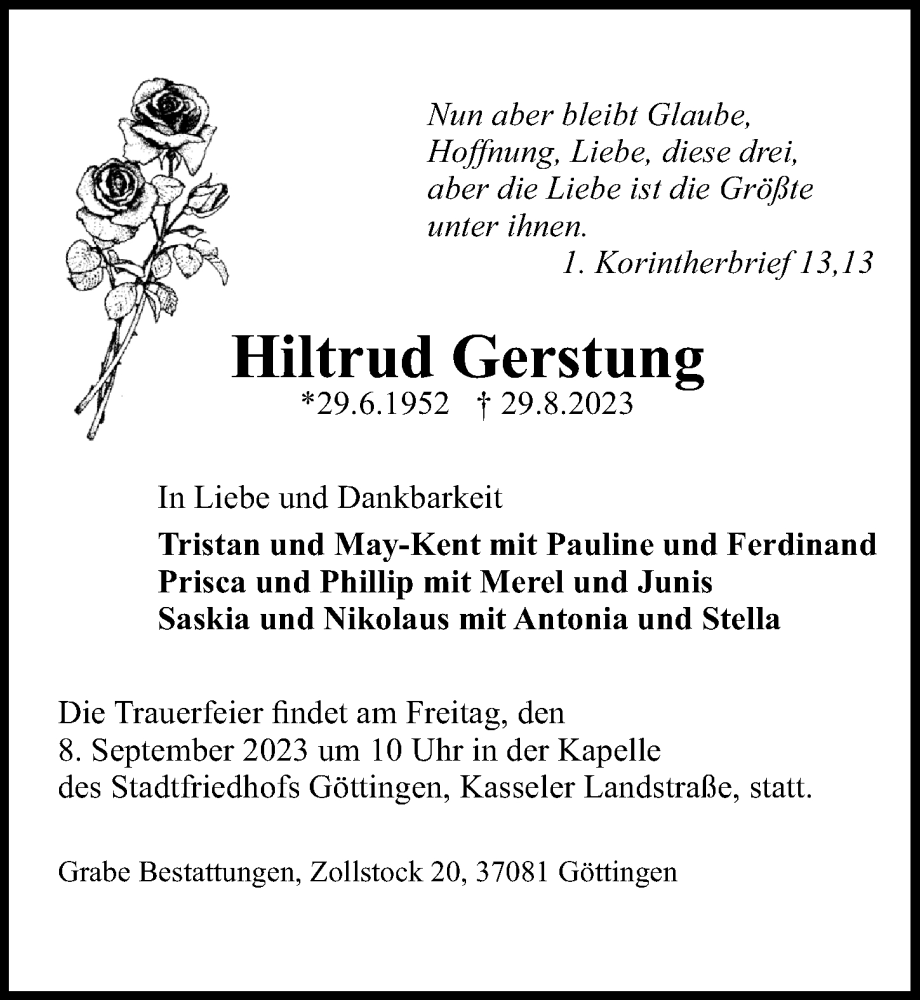  Traueranzeige für Hiltrud Gerstung vom 02.09.2023 aus Göttinger Tageblatt