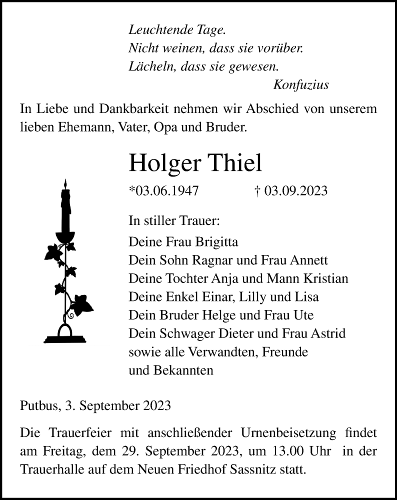  Traueranzeige für Holger Thiel vom 09.09.2023 aus Ostsee-Zeitung GmbH