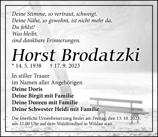 Traueranzeige von Horst Brodatzki von Märkischen Allgemeine Zeitung