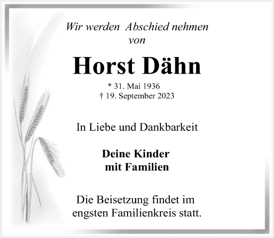 Traueranzeige von Horst Dähn von Lübecker Nachrichten