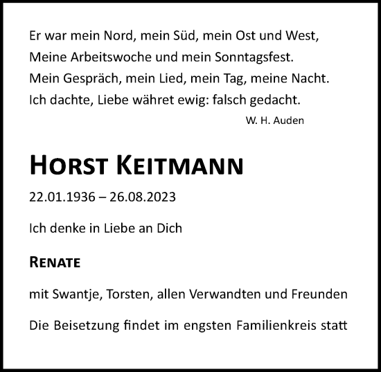 Traueranzeige von Horst Keitmann von Ostsee-Zeitung GmbH