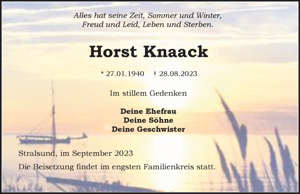  Traueranzeige für Horst Knaack vom 02.09.2023 aus Ostsee-Zeitung GmbH